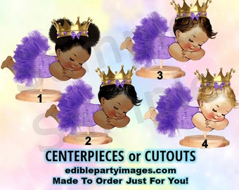 Sleeping Ballerina Baby Girl Centerpieces with Stand OR Cut Outs, Purple Tulle Tutu Gold Crown, Baby Shower Cut Outs, Royal Princess Baby