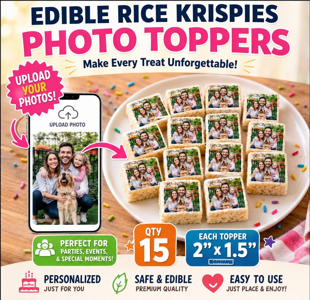 Qty 15 Custom Edible Rice Krispies Treat Toppers! Use Any Photo! Comes ...