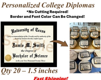 20 Custom Graduation College Degree Diplomas Edible Cupcake Topper or Rice Crispy Treats, Frosting Sugar, Miniature Pre Cut Diploma, College