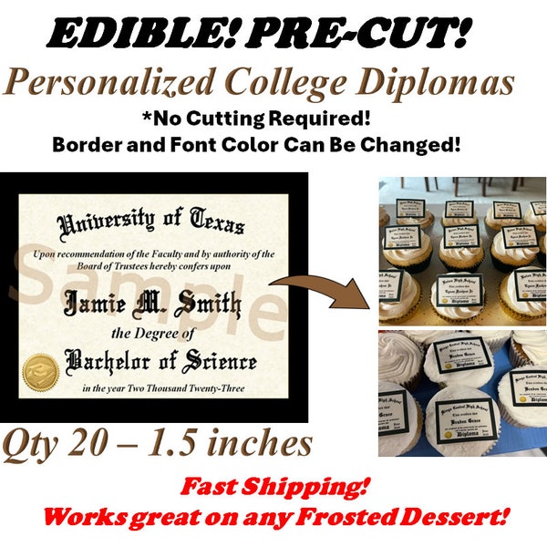 20 Custom Graduation College Degree Diplomas Edible Cupcake Topper or Rice Crispy Treats, Frosting Sugar, Miniature Pre Cut Diploma, College