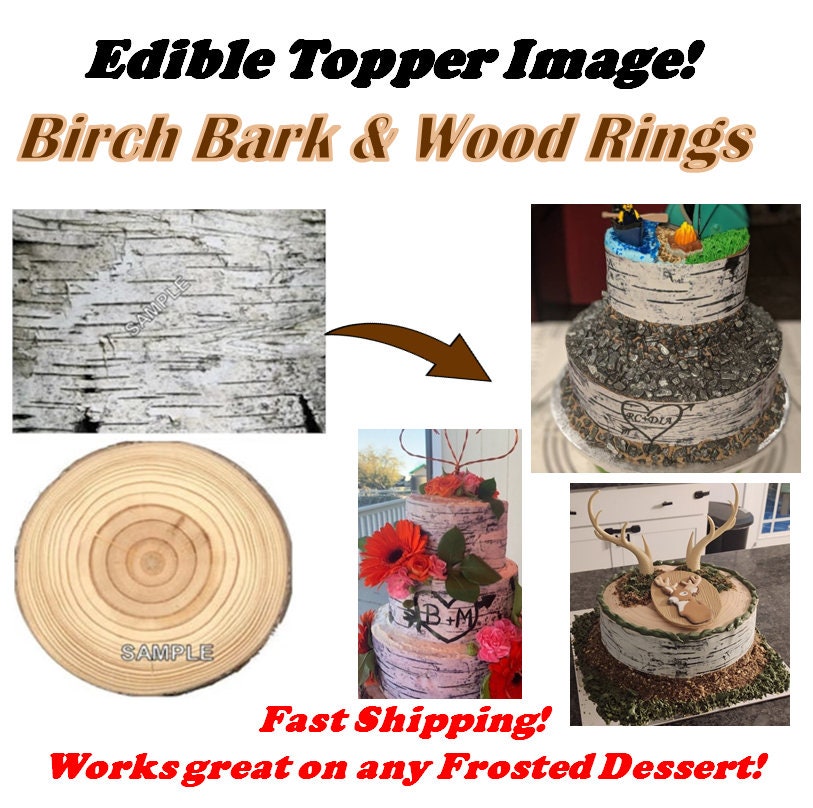 Birch Bark Wood Tree Rings Edible Cake Topper Image, White Birch