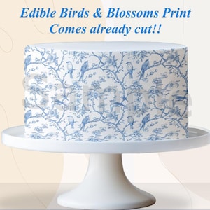 Birds and Blossoms Pattern Edible Cake Wrap. Edible cake strips for wedding or shower. Blue floral bird pattern edible cake strip. Comes Cut