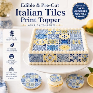 May include: A square cake and round cookies topped with edible sheets featuring a blue and yellow Italian tile pattern. The text reads Edible & Pre-Cut Italian Tiles Print Topper, You Pick Your Size, Perfect For Cakes Cupcakes Cookies & More.