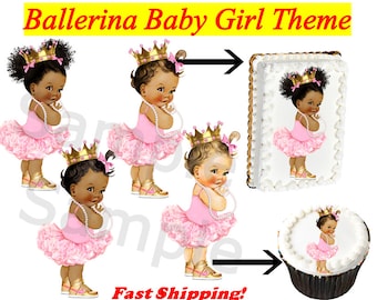 Princess Ballerina Girl EDIBLE Cake Topper Image Cupcakes, Pink Tutu, Gold Sneakers Crown, Afro Baby Cake, Ballerina Baby Cake, Afro Baby