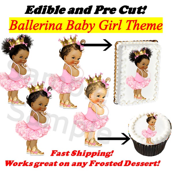 Princess Ballerina Girl EDIBLE Cake Topper Image Cupcakes, Pink Tutu, Gold Sneakers Crown, Afro Baby Cake, Ballerina Baby Cake, Afro Baby