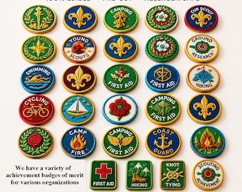 May include: A collection of round and square edible merit achievement badges featuring various colorful designs including fleur-de-lis, camping, first aid, swimming, and hiking themes. The text EDIBLE MERIT ACHIEVEMENT BADGES is at the top.