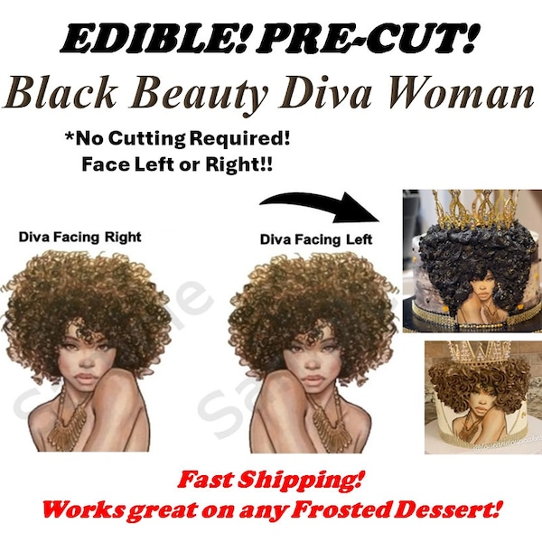 Afro Diva Black Beauty Edible Cake Image, Diva Cake, Afro Diva Cake, Afro Diva Cupcakes, 70's Theme Afro Girl, Dark Skin Diva Cake