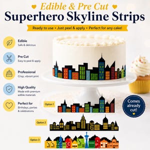 Edible Comic Book Superhero Buildings Cake Wraps and Strips. Building Silhouettes Wrap Around Sides of Cakes. Edible Skylines. Already Cut