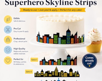 Comic Book Superhero Buildings Edible Cake Wrap – City Skyline Cake Border – Superhero Birthday Cake Topper – Edible Frosting Sheet - Precut
