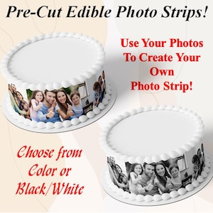 Edible picture strips with photographs for wrapping the sides of round or heart shaped birthday cakes. TWO Photo strips on frosting paper