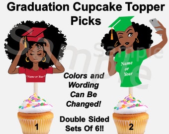 African American Graduate Cupcake Topper Picks, Graduation Cupcake Toppers, Graduate Cupcake Picks, Graduation Party Supplies, Sets of 6