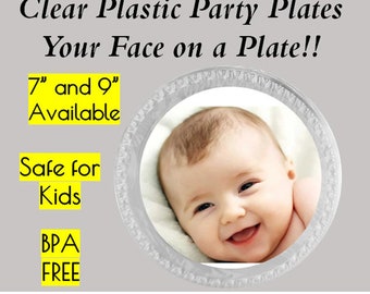 Your Photo Face On A Plastic Party Plates, 7" Dessert Plates, 9" Dinner Plates, Your Face Plates, Logo Plates, BPA Free, Set of 6 Plates