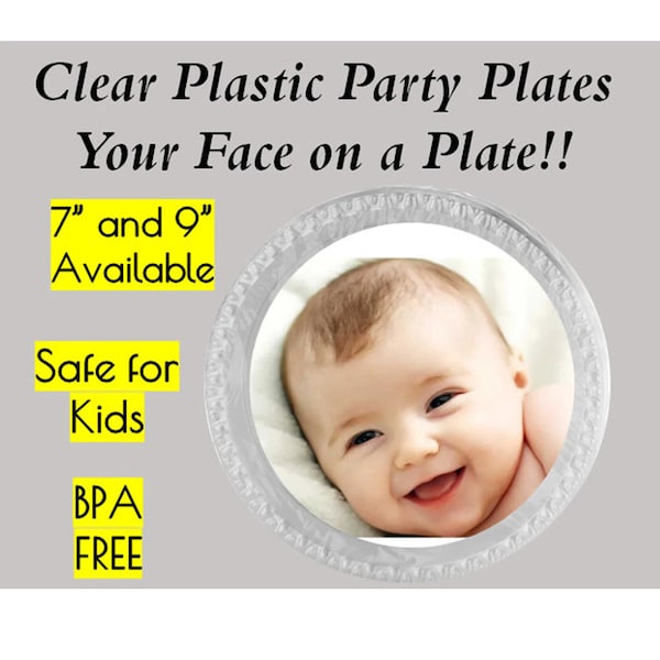 Your Photo Face On A Plastic Party Plates, 7" Dessert Plates, 9" Dinner Plates, Your Face Plates, Logo Plates, BPA Free, Set of 6 Plates