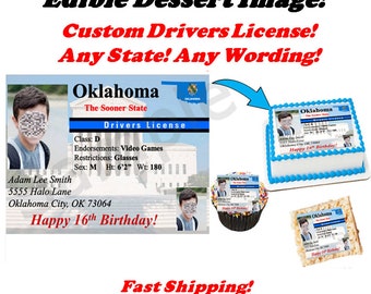 Drivers License Edible Topper Image Cupcakes, Any State Personalized Drivers License, Sweet Sixteen License, Drivers License Cake, sugar