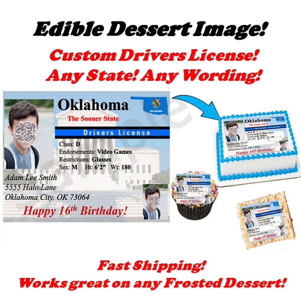 Drivers License Edible Topper Image Cupcakes, Any State Personalized Drivers License, Sweet Sixteen License, Drivers License Cake, sugar