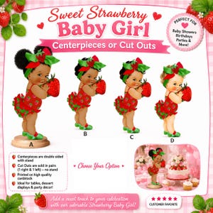 Pu&ograve; includere: Un set di quattro sagome illustrate di bambine con abiti a tema fragola, fasce verdi con dettagli a fragola e fragole rosse tra le mani. L'immagine include le etichette A, B, C e D e un esempio di allestimento per una tavola.