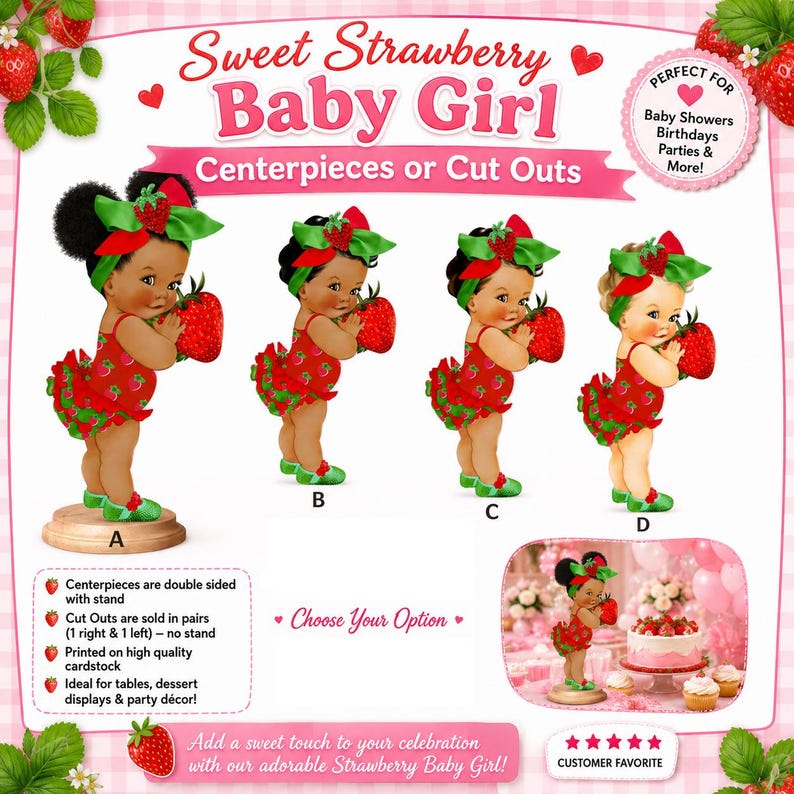 Pu&ograve; includere: Un set di quattro sagome illustrate di bambine con abiti a tema fragola, fasce verdi con dettagli a fragola e fragole rosse tra le mani. L'immagine include le etichette A, B, C e D e un esempio di allestimento per una tavola.