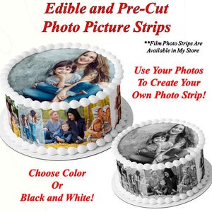 Edible picture strips with photographs for wrapping the sides of round or heart shaped birthday cakes. TWO Photo strips on frosting paper