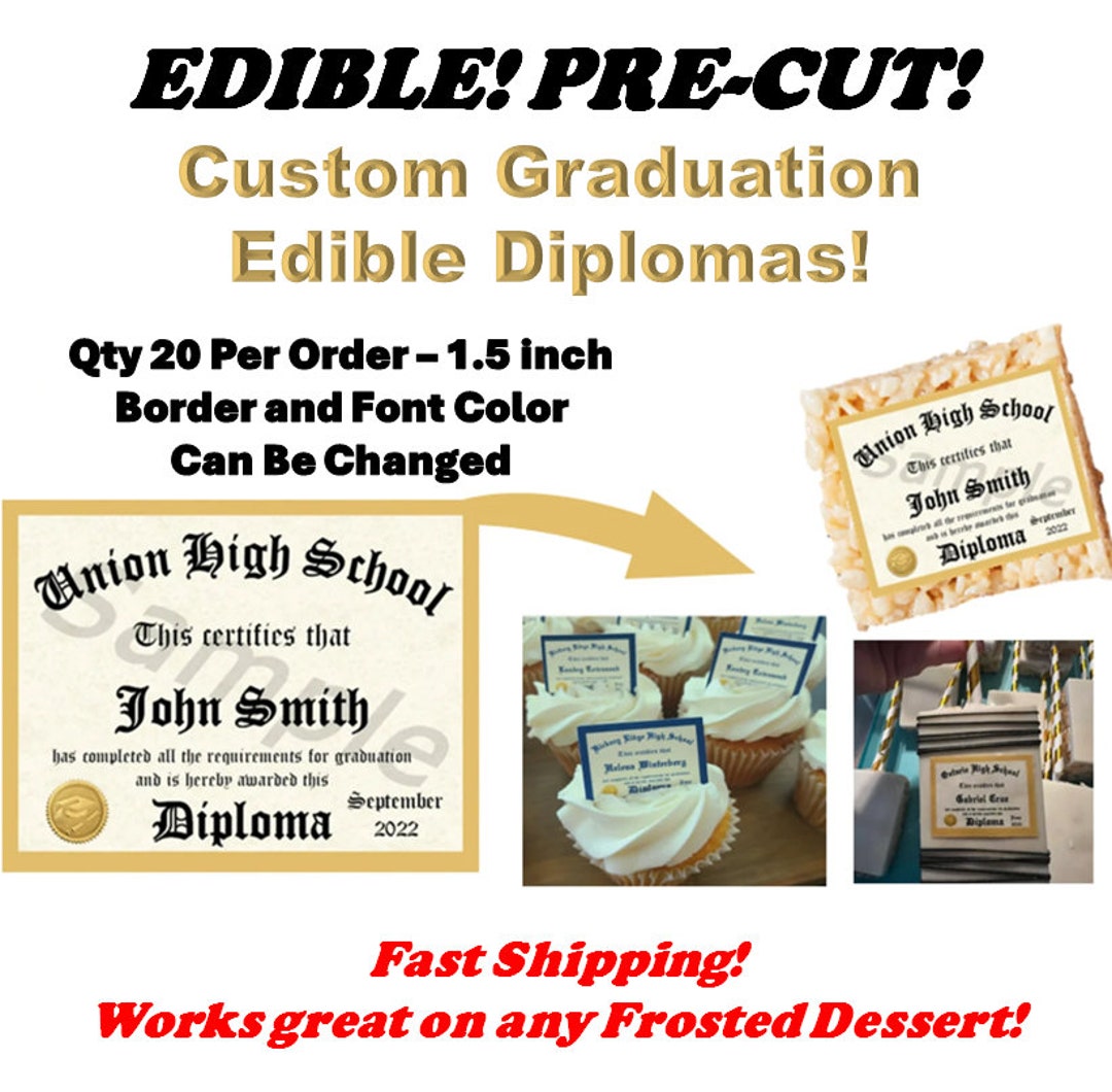 20 Custom Graduation Diplomas Edible Cupcake Toppers or Rice Crispy