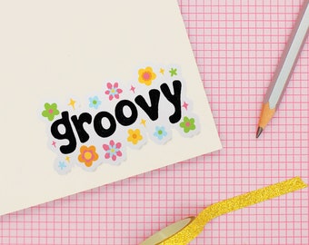 colorful, floral, retro groovy sticker, rainbow, die cut, weatherproof, vinyl, sticker, decal