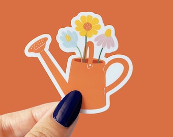 floral watering can sticker, matte weatherproof sticker, die cut vinyl sticker, laptop decal