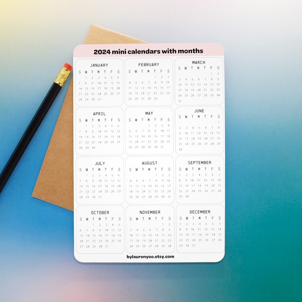 2024 mini calendar stickers WITH MONTHS for bullet journal, planner, bujo stickers, calendar stickers, tiny planning stickers
