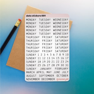 dagen van de week datum stickers, planner stickers, maandelijkse planner stickers, typemachine lettertype datum stickers