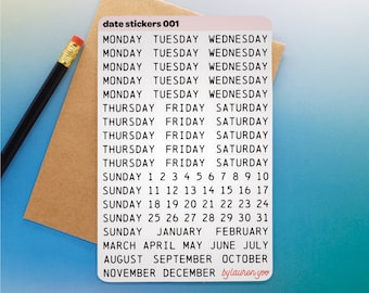 pegatinas de fecha de días de la semana, pegatinas de planificador, pegatinas de planificador mensuales, pegatinas de fecha de fuente de máquina de escribir