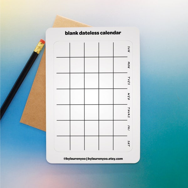 big dateless blank calendar sticker for bullet journal, writeable calendar planner sticker, 5.25" by 4" calendar sticker