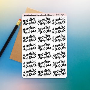 goodies inside mail stickers, snail mail stickers, packaging stickers, shipping stickers, small business stickers