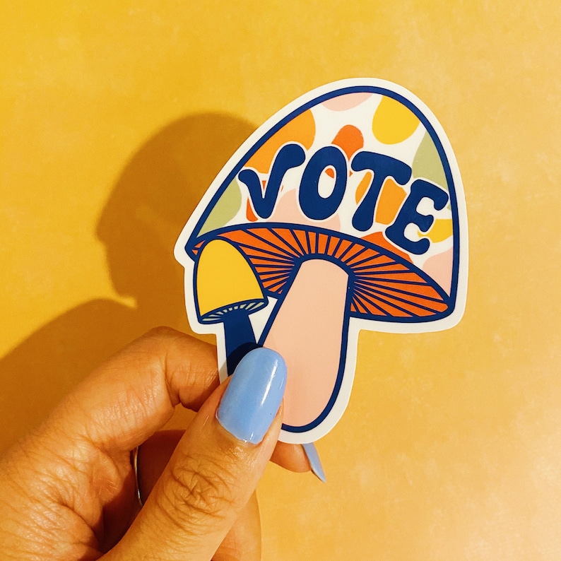 mushroom vote sticker, retro, waterproof glossy vinyl decal image 1