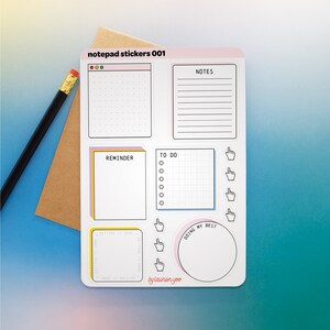 May include: A sheet of notepad stickers with various designs, including a reminder note, a to-do list, a notes section, and a "doing my best" circle. The stickers are in pink, blue, yellow, and white.