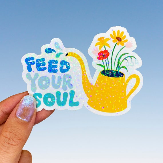 feed your soul holographic glitter vinyl sticker, waterproof, floral watering can, die cut, laptop decal