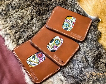 Minimalist leather wallet for men, Custom initials, Slim Card Wallet with skull lining