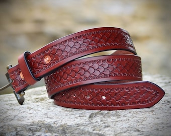 Leather belt - mens belt - scale pattern hand stamped belt