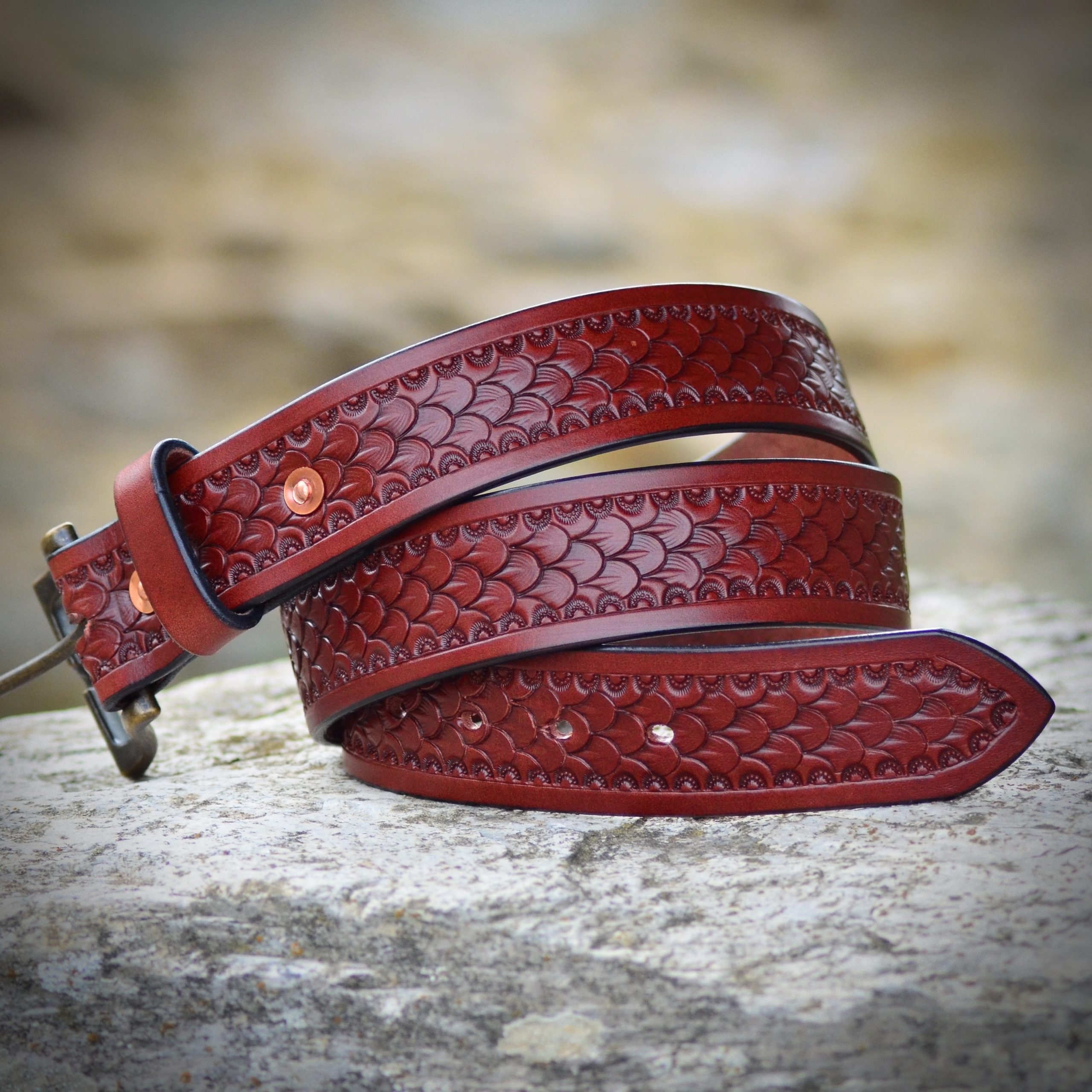 Leather Belt - Mens Belt - Scale Pattern Hand Stamped Belt  display picture 2