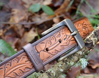 Leather belt - mens belt -Oak leaf - stamped belt