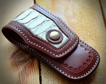 Knife sheath with python insert-leather elegant knife sheath, deluxe sheath, folding knife sheath.