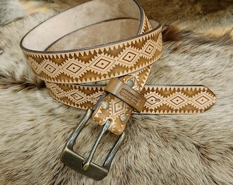 Leather belt with geometric print - handmade belt -vegetable tanned leather -