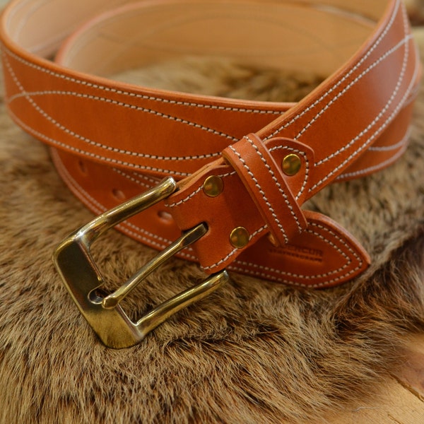 Belt with Spanish decorative stitching -Light brown