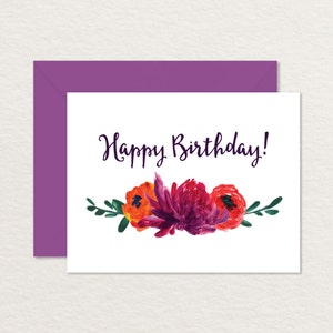 Cartão de aniversário para impressão / Flores pintadas à mão / Feliz aniversário para impressão / Cartão de aniversário floral