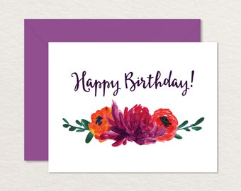 Printable Birthday Card / Hand-painted Flowers / Happy Birthday Printable / Floral Birthday Card