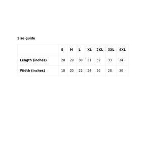 May include: Size guide for a garment with measurements in inches for length and width. Sizes range from S to 4XL.