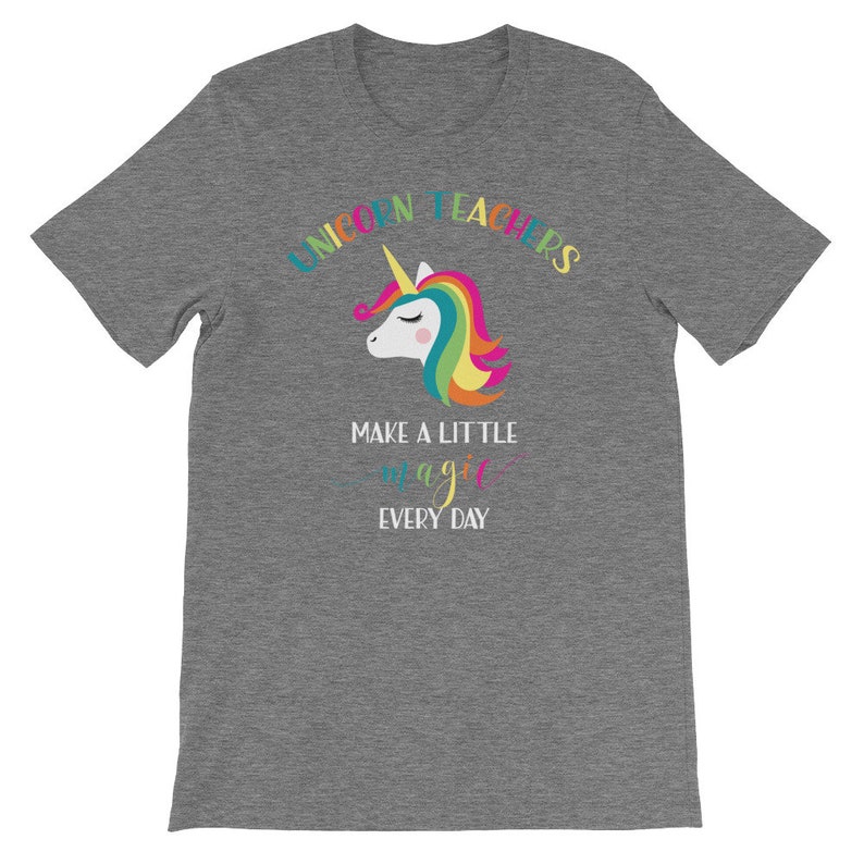 May include: Gray t-shirt with a rainbow unicorn and the text "Unicorn Teachers Make a Little Magic Every Day".