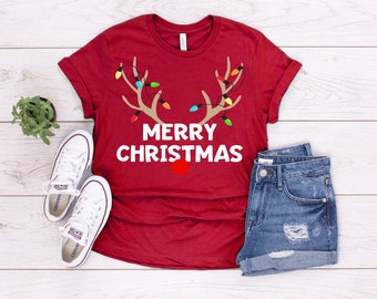Merry Christmas T-Shirt / Reindeer Antlers Christmas Lights Tee / Family Pajama Photo Matching Christmas Eve Group Shirt / Office Team Gift