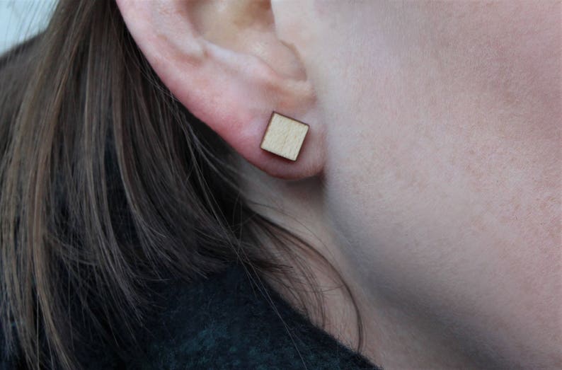 Square Stud Earrings Two Pairs Laser Cut Geometric Wooden Jewellery image 2