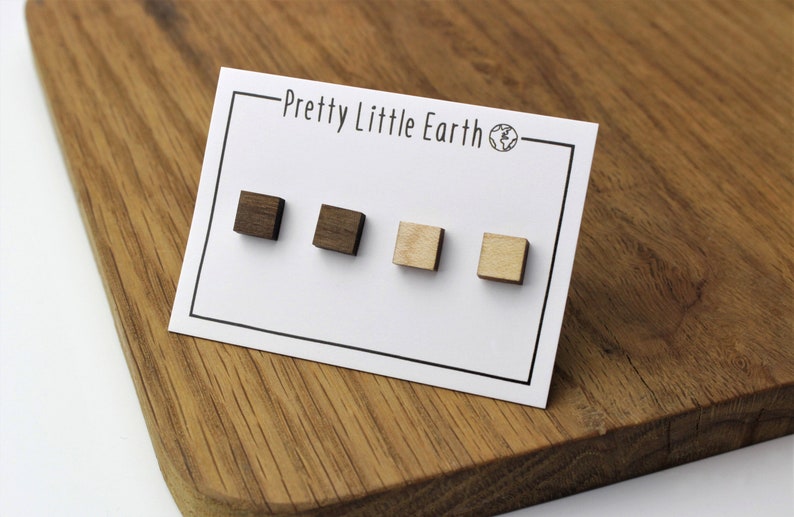 Square Stud Earrings Two Pairs Laser Cut Geometric Wooden Jewellery image 1