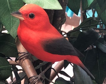 Scarlet Tanager hand carved hand painted in fine detail by Hummingbird Studio USA This bird is lifelike and life-sized. Only 1 available