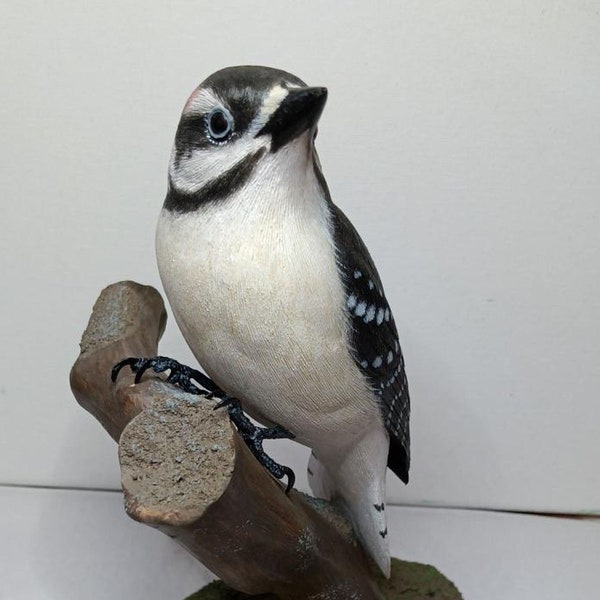 Hand carved life sized downy woodpecker figurine, hand painted bird figure, wooden bird scultpure, woodpecker hand carved wooded figurine