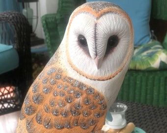 Hard Carved Wooden Barn Owl, highly collectible, basswood,glass eyes, hand painted in detail,heart shaped face, 10 inch bird, owl lover gift